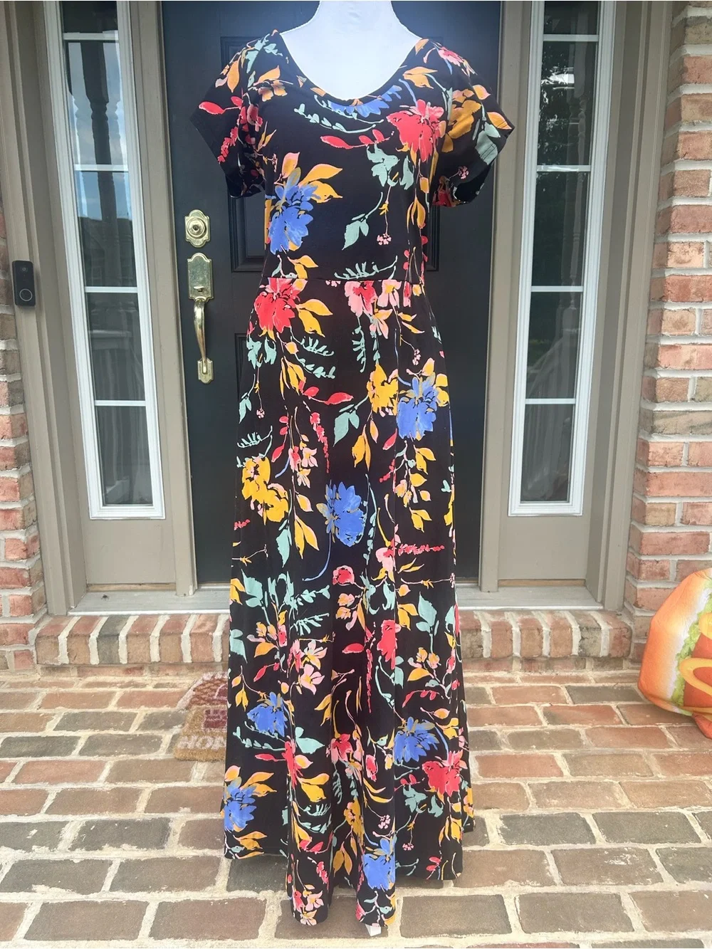 Pact Fit and Flare Crossback Maxi Dress Nightfall Blooms Black Floral Cotton XL